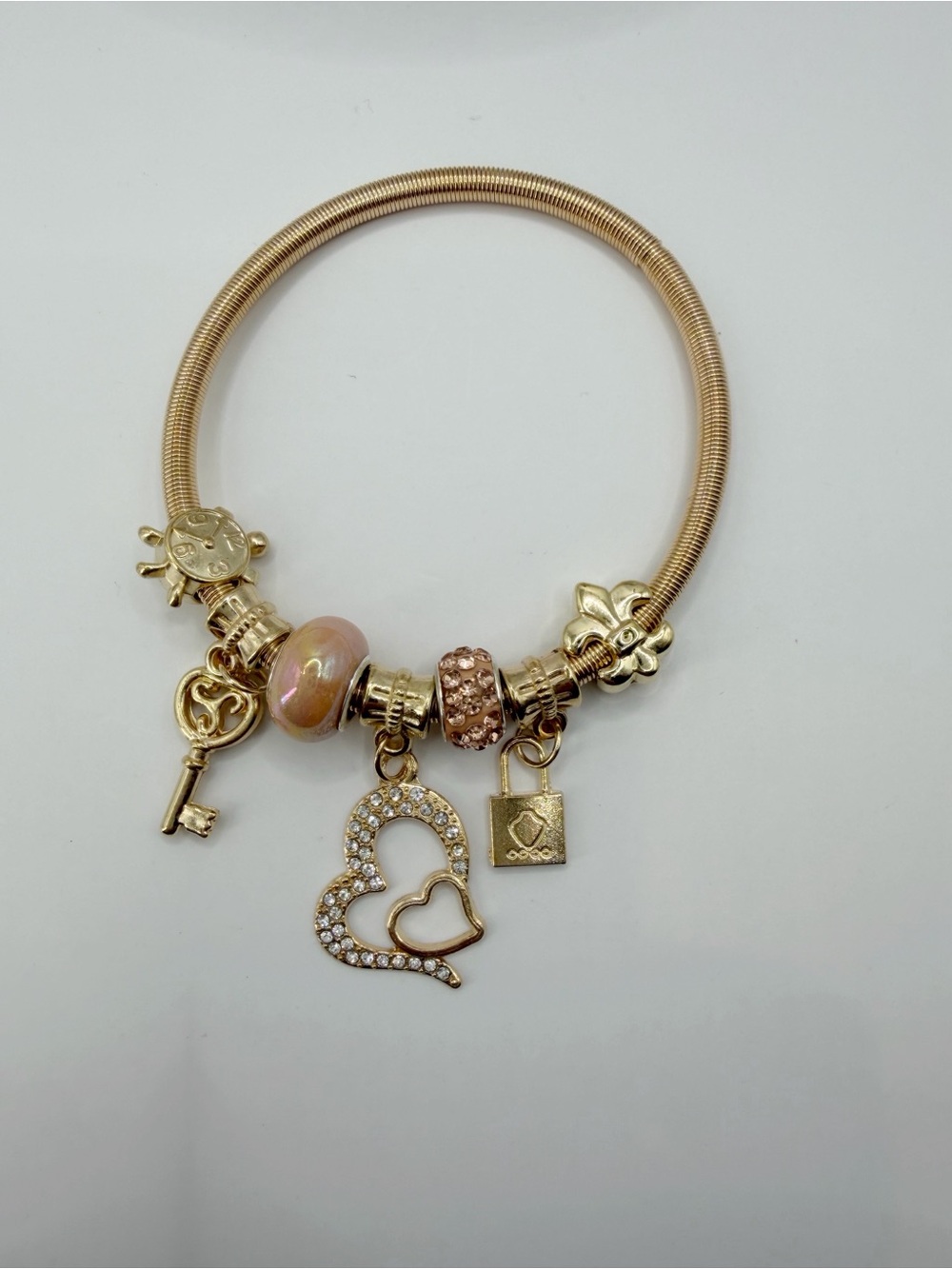 Gold Lock & Key Charm Bracelet | Pandora Style Snake Chain - Picture 7 of 10